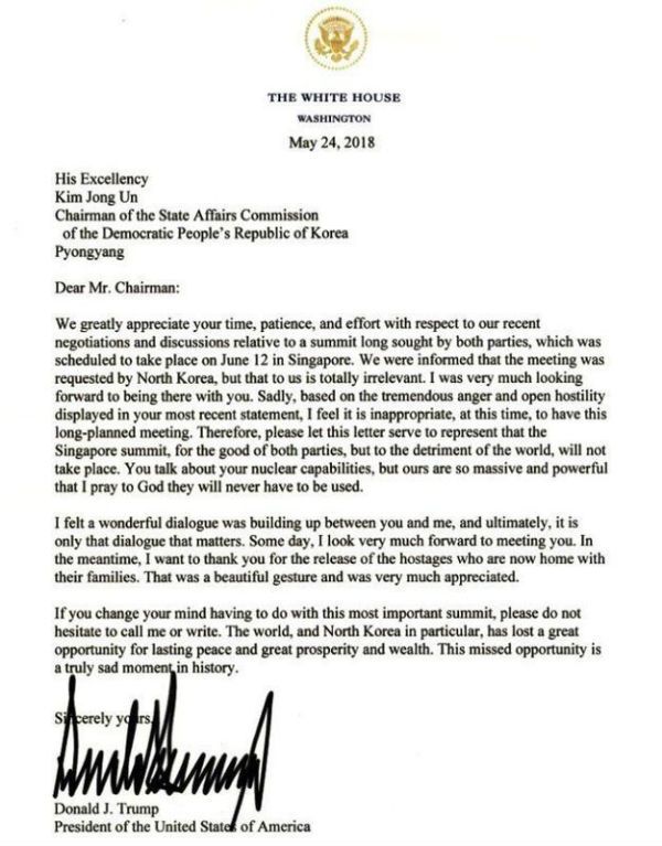 美国总统川普24日在给金正恩的信中宣布，将取消6月12日的川金会。（图取自川普推特 twitter.com/realdonaldtrump）