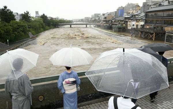 巴比仑台风引发日本关西地区遭遇豪雨袭击，京都鸭川5日河水暴涨引起经过民众注意。（共同社提供）