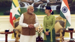 2017年9月6日，缅甸领导人昂山苏姬和印度总理纳伦德拉·莫迪（Narendra Modi）在缅甸总统府