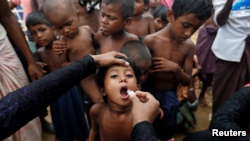 罗兴亚难民儿童在接受口腔霍乱疫苗。(2017年10月11日)
